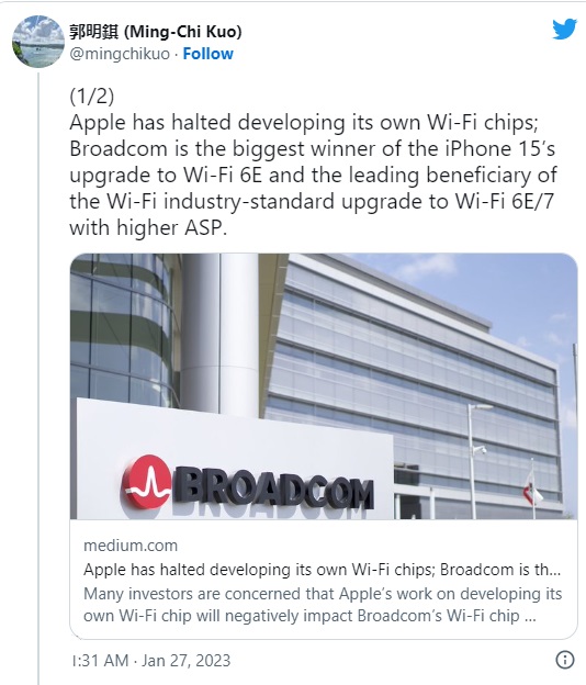 iphone 15采用博通wi-fi6e 苹果自研芯片又失败了？