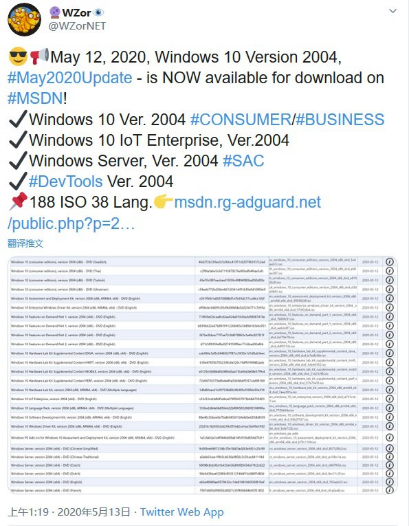 win10 2020年5月更新发布到msdn 版本号为19041.208