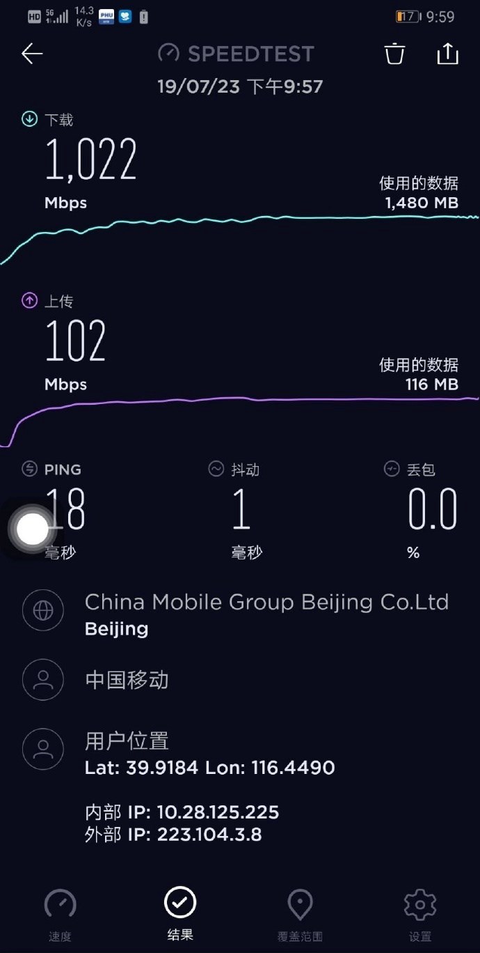 北京朝外soho中国正式开通移动5g 下载速度达1022mbps