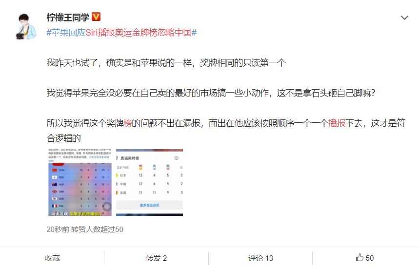 siri 播报奥运金牌榜忽略中国？苹果客服称相同金牌数国家只读第一个