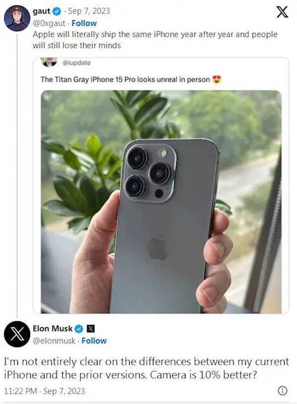 马斯克称iphone15毫无新意，郭明錤：华为倒逼苹果走出舒适圈！