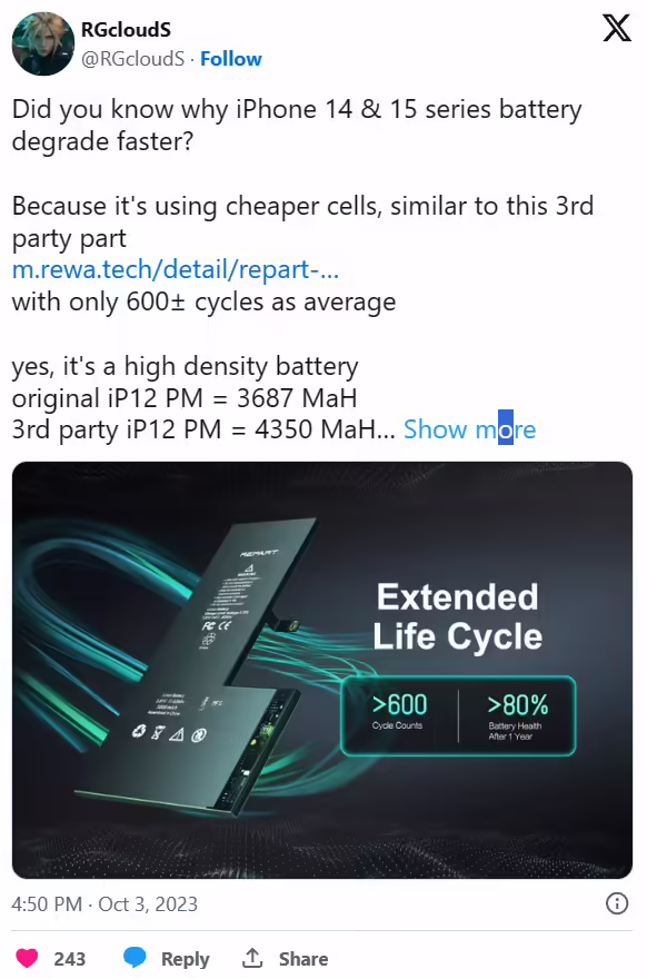 曝iphone 15采用“更便宜的电池”，老化更快！