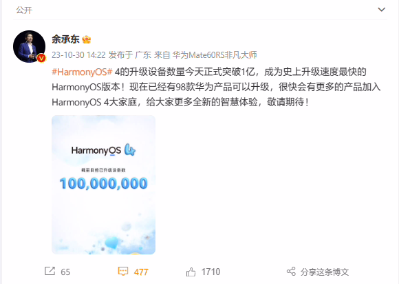 史上升级最快鸿蒙os诞生！已有98款产品可升